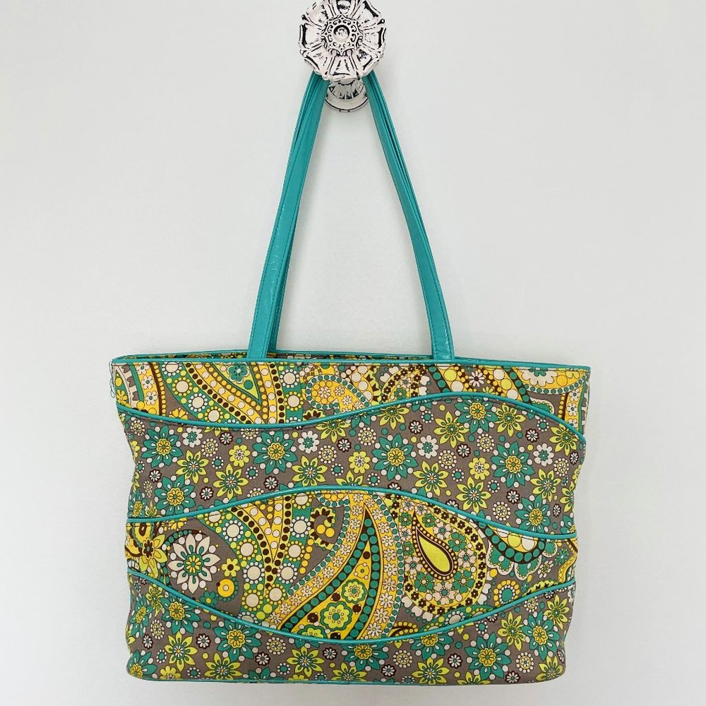 Vera Bradley Tote Shoulder Bag Making Waves Lemon Parfait Aqua Yellow Gray
